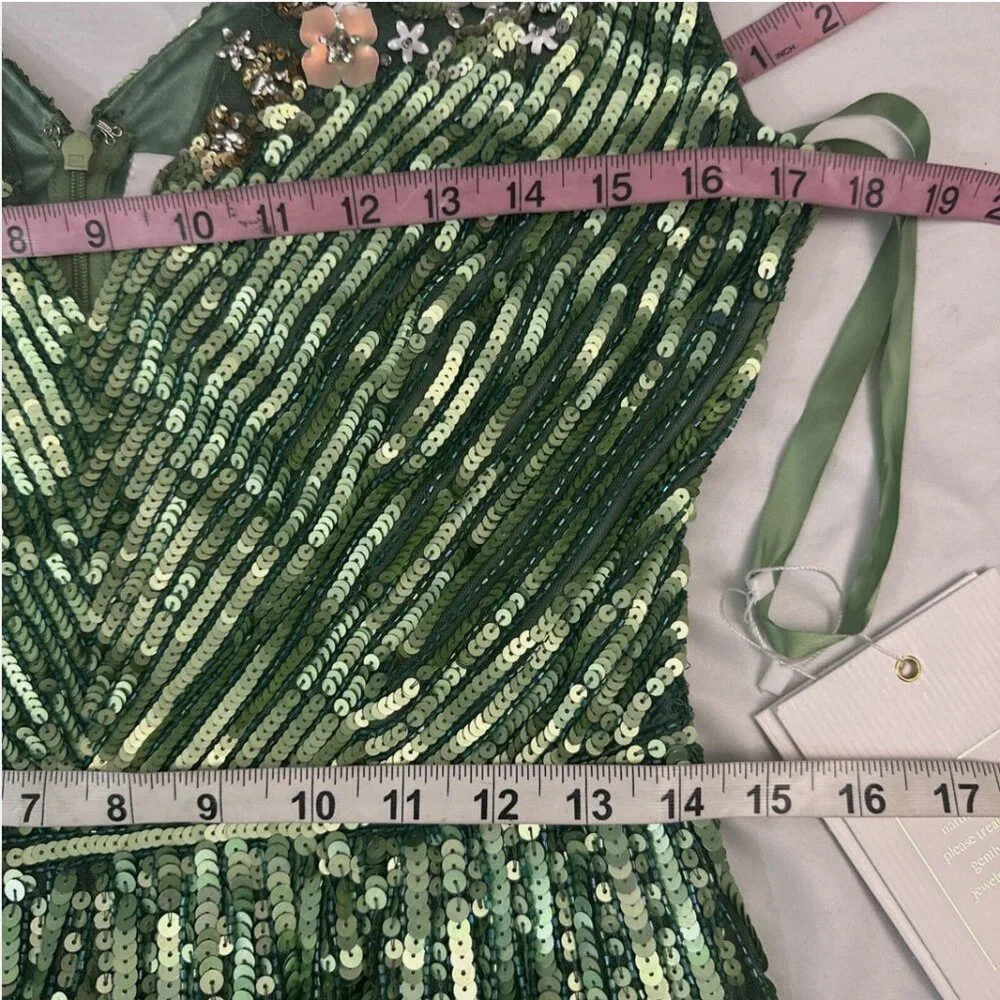 NWT$798 Mac Duggal [ 8 ] Sequin Floral Embellished‎ Evening Gown Sage Green Q728 - Picture 5 of 16